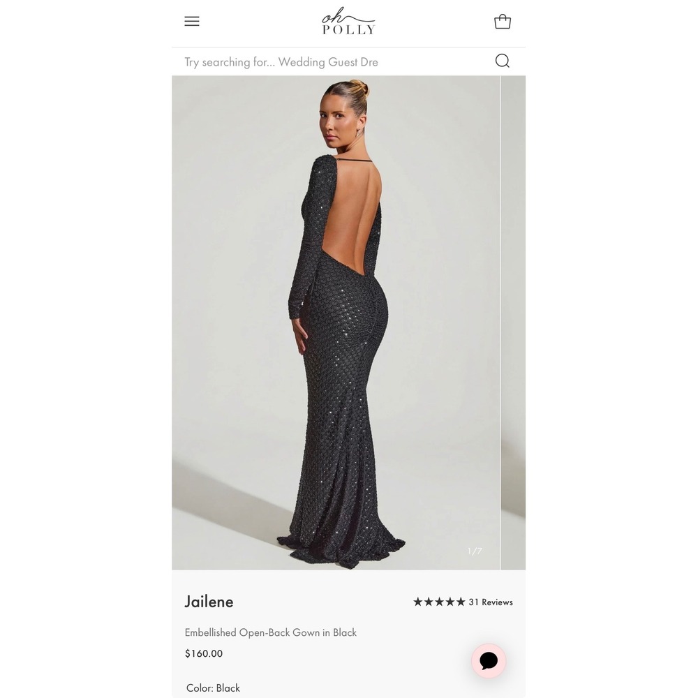 Oh Polly Jailene Black Sequin Open Back Gown NWT US 4 Dark Romance Glam